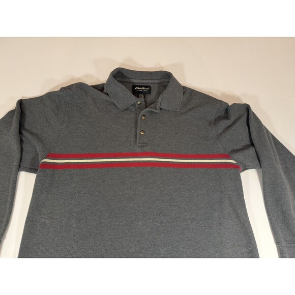 Eddie Bauer Men’s Long Sleeve Polo Shirt Gray Red Stripe XL - Picture 6 of 12
